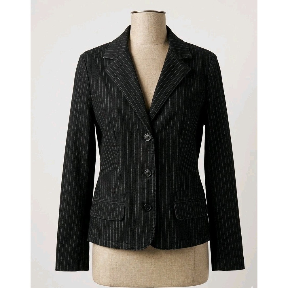 Vtg Y2k 90s Chaps Denim Black Pinstripe Blazer Jacket Women's XL Stretch Cotton